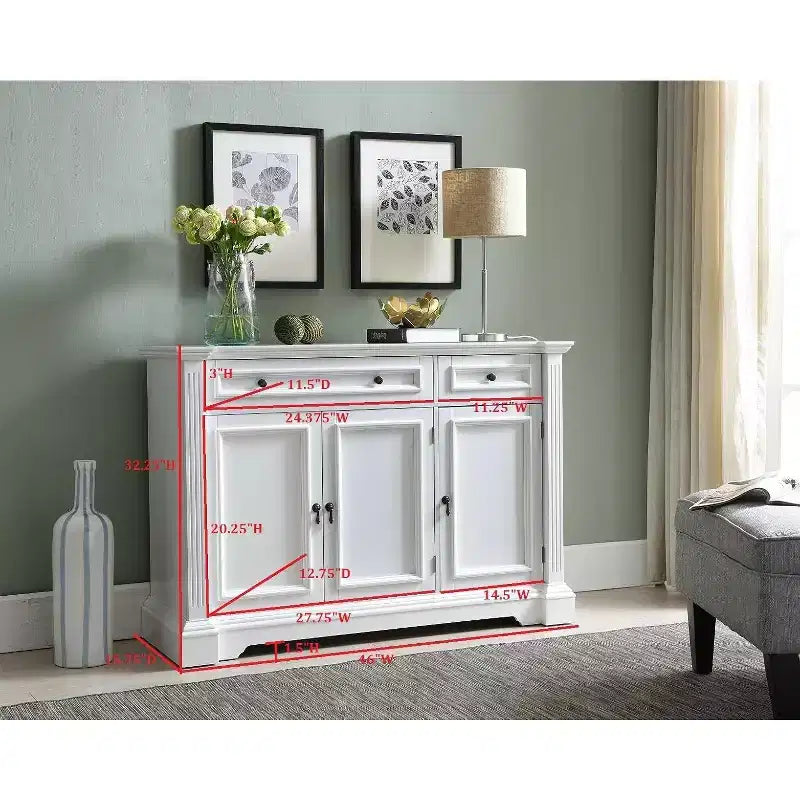 Kings Brand Furniture Credenza/Tavolo Consolle Breakfront in Legno Finitura Bianca con Contenitore, Cassetti, Scaffali