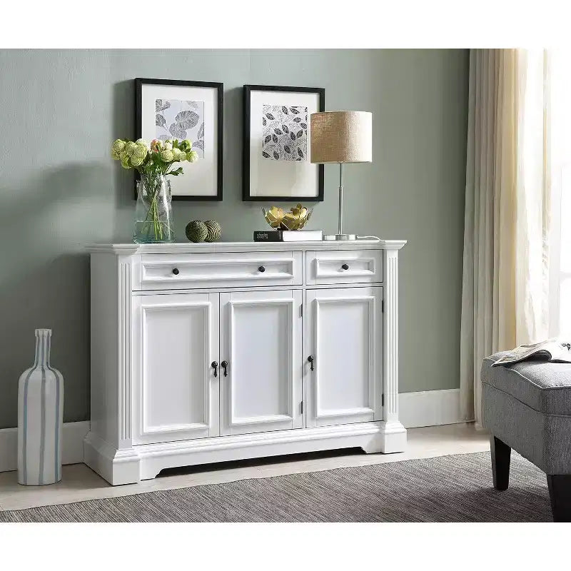 Kings Brand Furniture Credenza/Tavolo Consolle Breakfront in Legno Finitura Bianca con Contenitore, Cassetti, Scaffali