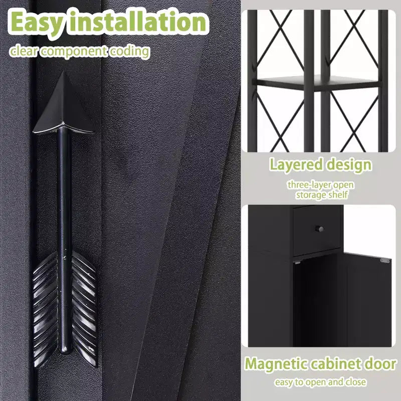 Mobiletto da bagno alto con ripiani regolabili, Armadietto slim con porta rotolo di carta igienica e piccolo cassetto, Nero/Bianco