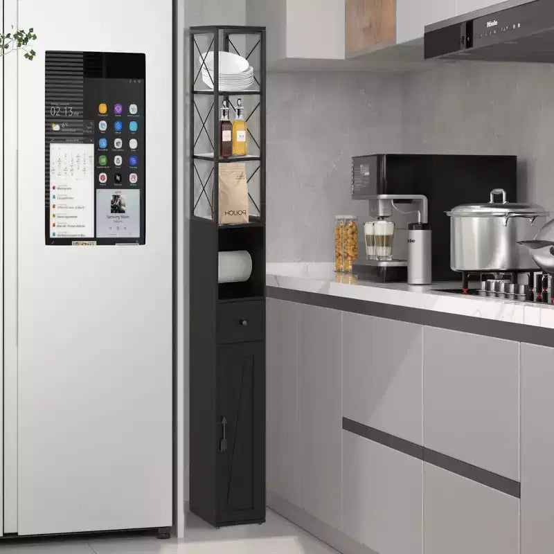 Mobiletto da bagno alto con ripiani regolabili, Armadietto slim con porta rotolo di carta igienica e piccolo cassetto, Nero/Bianco