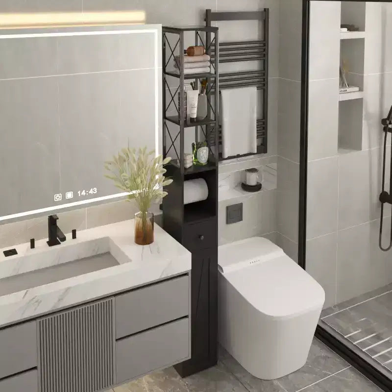 Mobiletto da bagno alto con ripiani regolabili, Armadietto slim con porta rotolo di carta igienica e piccolo cassetto, Nero/Bianco