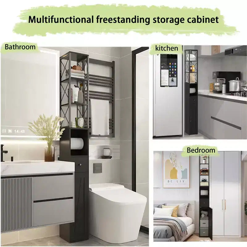 Mobiletto da bagno alto con ripiani regolabili, Armadietto slim con porta rotolo di carta igienica e piccolo cassetto, Nero/Bianco