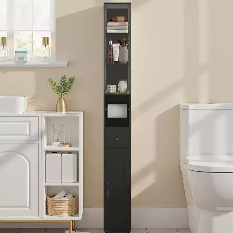 Mobiletto da bagno alto con ripiani regolabili, Armadietto slim con porta rotolo di carta igienica e piccolo cassetto, Nero/Bianco