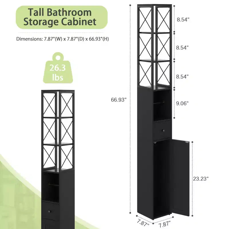 Mobiletto da bagno alto con ripiani regolabili, Armadietto slim con porta rotolo di carta igienica e piccolo cassetto, Nero/Bianco