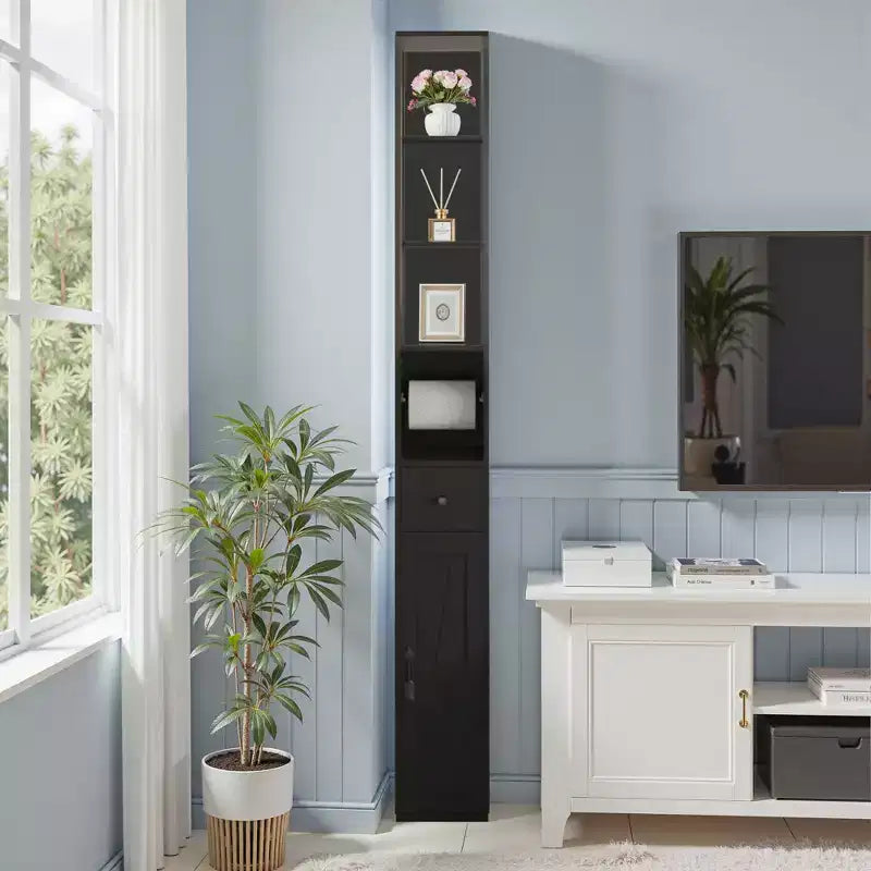 Mobiletto da bagno alto con ripiani regolabili, Armadietto slim con porta rotolo di carta igienica e piccolo cassetto, Nero/Bianco