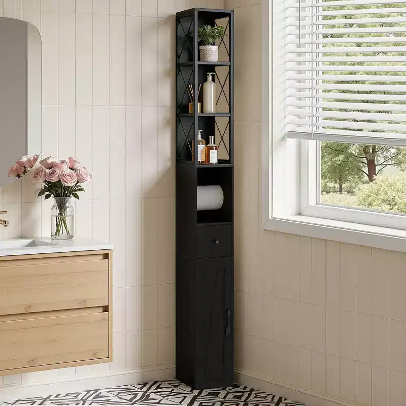 Mobiletto da bagno alto con ripiani regolabili, Armadietto slim con porta rotolo di carta igienica e piccolo cassetto, Nero/Bianco