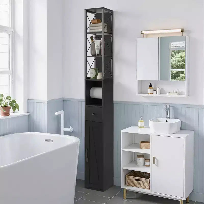 Mobiletto da bagno alto con ripiani regolabili, Armadietto slim con porta rotolo di carta igienica e piccolo cassetto, Nero/Bianco