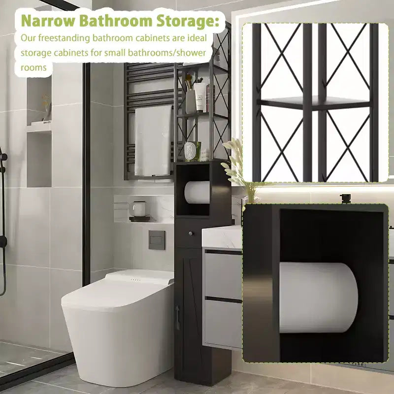 Mobiletto da bagno alto con ripiani regolabili, Armadietto slim con porta rotolo di carta igienica e piccolo cassetto, Nero/Bianco