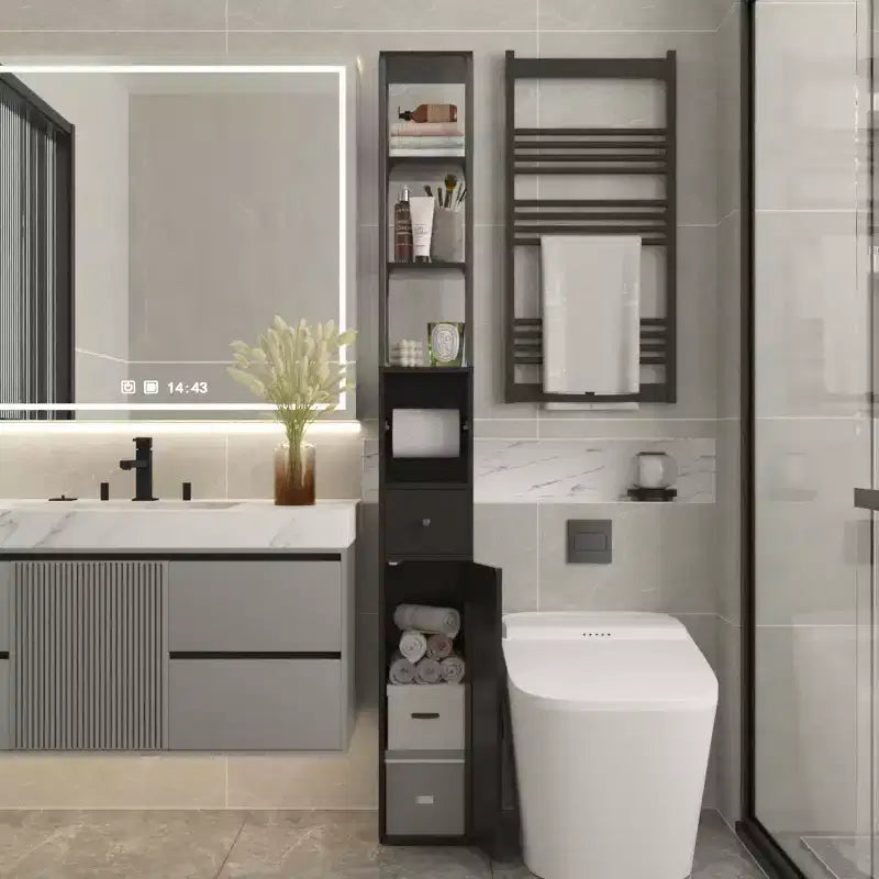 Mobiletto da bagno alto con ripiani regolabili, Armadietto slim con porta rotolo di carta igienica e piccolo cassetto, Nero/Bianco