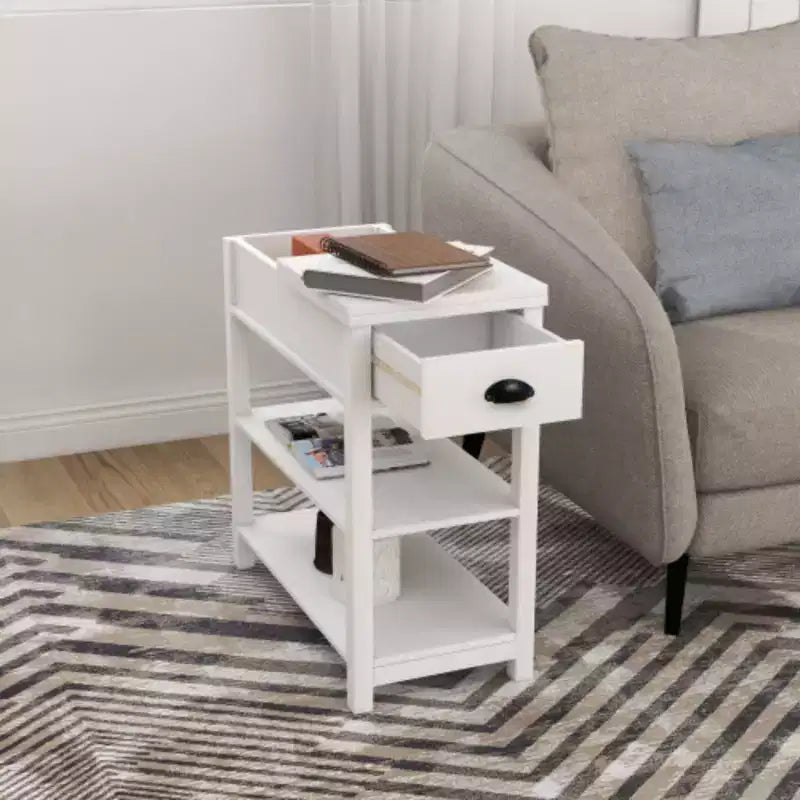 Tavolino Stretto con Cassetti e Ripiano Inferiore Design Ribaltabile - Bianco