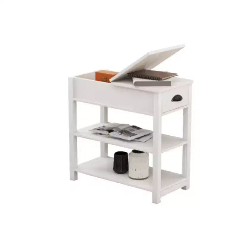 Tavolino Stretto con Cassetti e Ripiano Inferiore Design Ribaltabile - Bianco