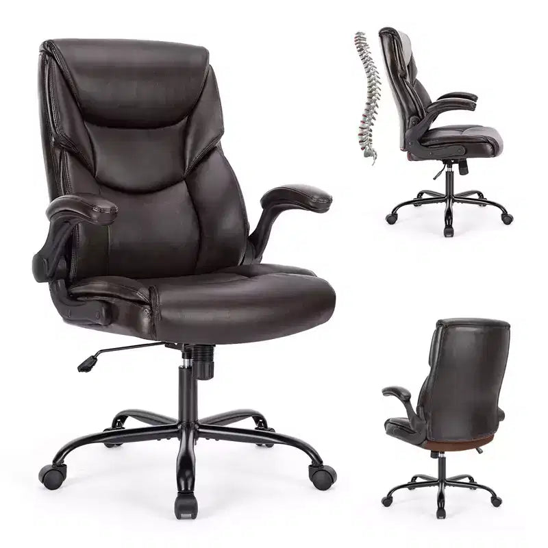 Strong Metal Base Office Chair with PU Leather, Adjustable Flip-up Armrest, and Lumbar Support