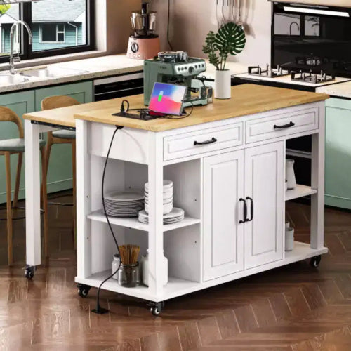 47 inch White Kitchen Island with Extendable Dining Table, Rubber Wood Veneer Kitchen Table with Storage 2 Drawers 2 Cabinet