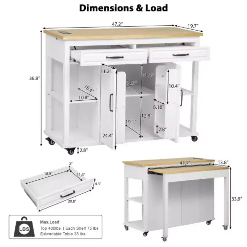 Isola da cucina bianca da 47 pollici con tavolo da pranzo allungabile, tavolo da cucina in impiallacciatura di legno di caucciù con 2 cassetti e 2 armadietti