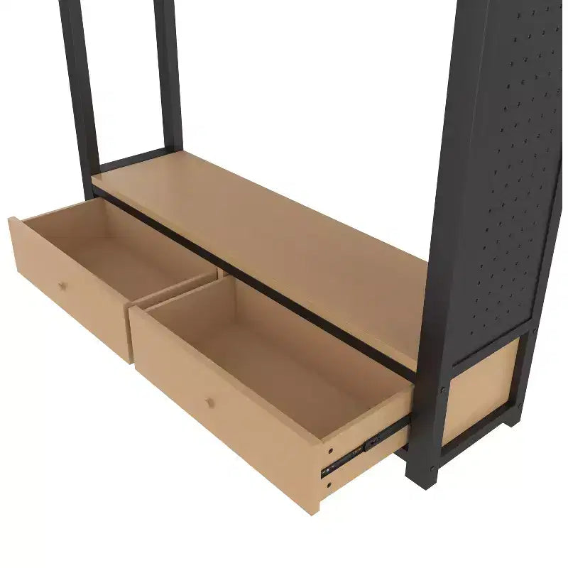 Letto a soppalco in metallo matrimoniale/queen size, tutto in uno con armadio, mensole e pannello forato, nero