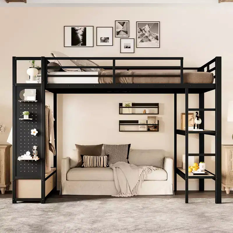 Letto a soppalco in metallo matrimoniale/queen size, tutto in uno con armadio, mensole e pannello forato, nero