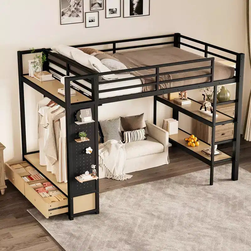 Letto a soppalco in metallo matrimoniale/queen size, tutto in uno con armadio, mensole e pannello forato, nero