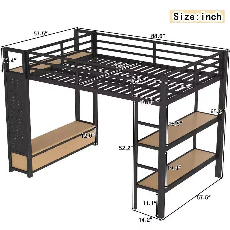 Letto a soppalco in metallo matrimoniale/queen size, tutto in uno con armadio, mensole e pannello forato, nero
