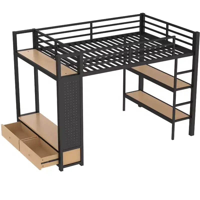 Letto a soppalco in metallo matrimoniale/queen size, tutto in uno con armadio, mensole e pannello forato, nero