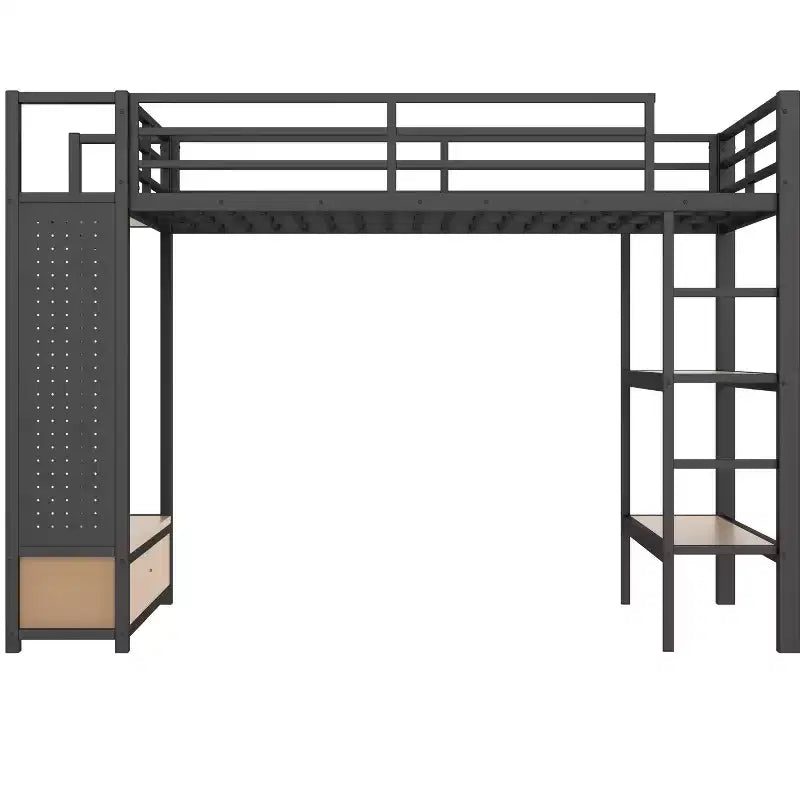 Letto a soppalco in metallo matrimoniale/queen size, tutto in uno con armadio, mensole e pannello forato, nero