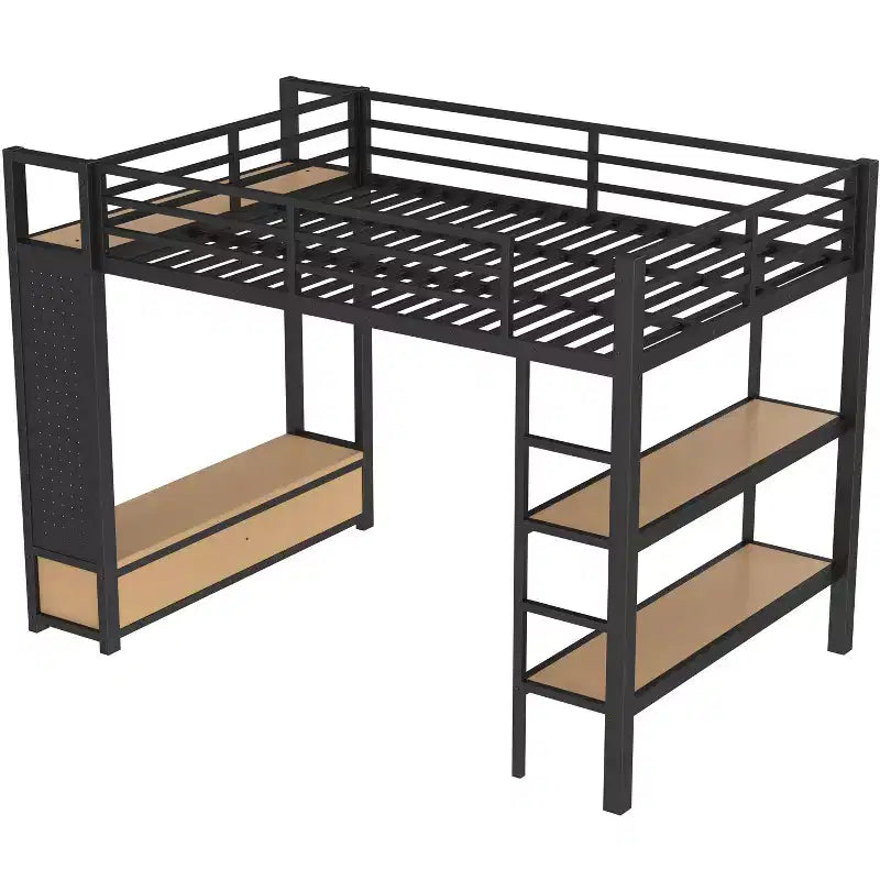 Letto a soppalco in metallo matrimoniale/queen size, tutto in uno con armadio, mensole e pannello forato, nero