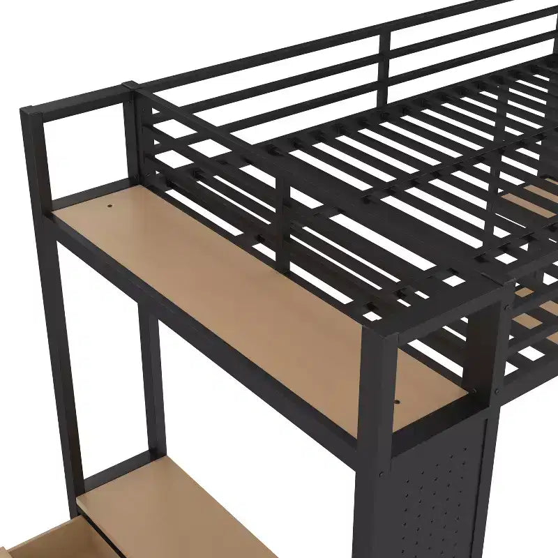 Letto a soppalco in metallo matrimoniale/queen size, tutto in uno con armadio, mensole e pannello forato, nero
