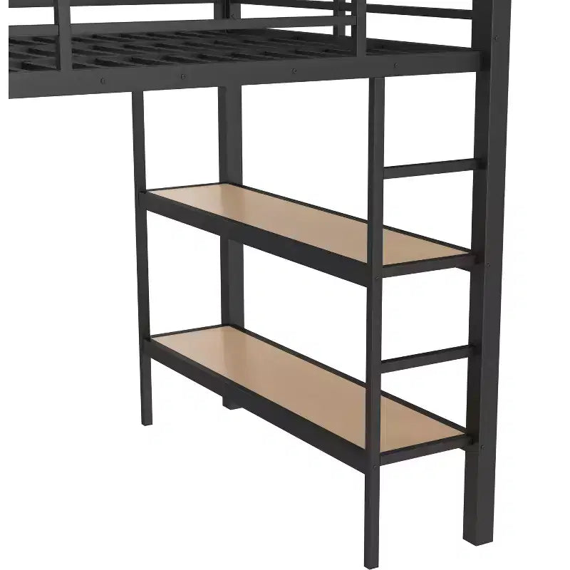 Letto a soppalco in metallo matrimoniale/queen size, tutto in uno con armadio, mensole e pannello forato, nero