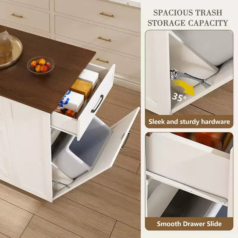 Isola da cucina bianca in legno massello da 117 cm con prese elettriche/porte USB, mobiletto per pattumiera, portabottiglie e cassetti