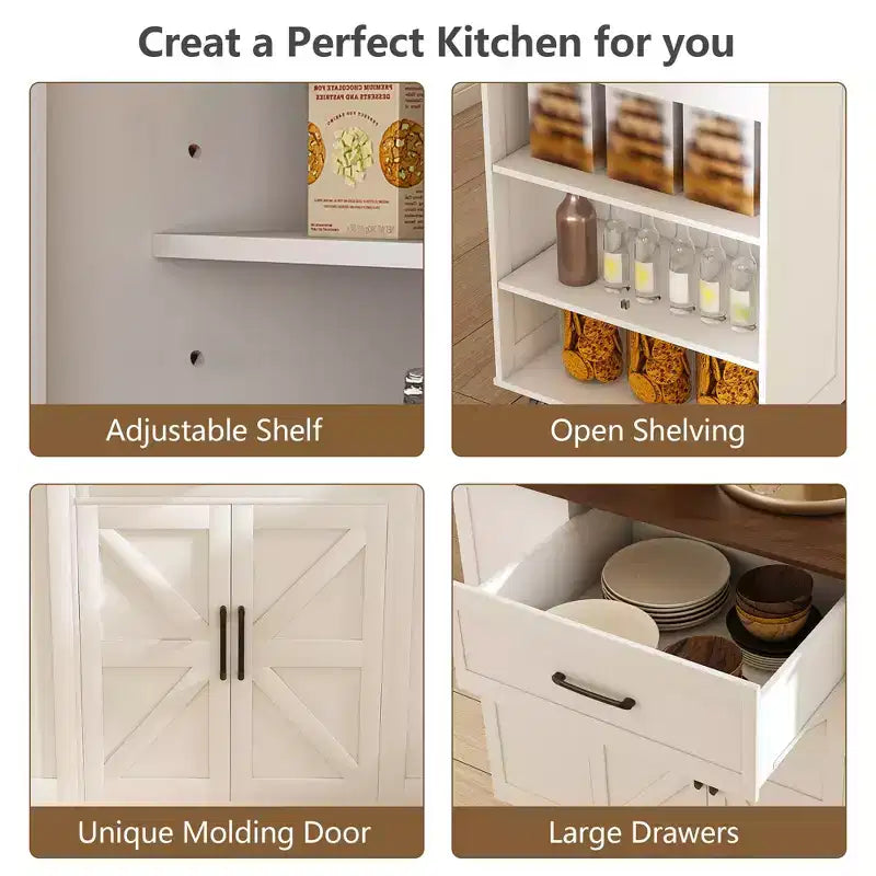 Isola da cucina bianca in legno massello da 117 cm con prese elettriche/porte USB, mobiletto per pattumiera, portabottiglie e cassetti