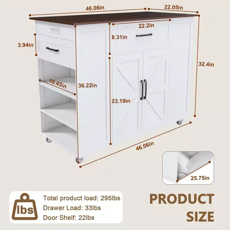 Isola da cucina bianca in legno massello da 117 cm con prese elettriche/porte USB, mobiletto per pattumiera, portabottiglie e cassetti