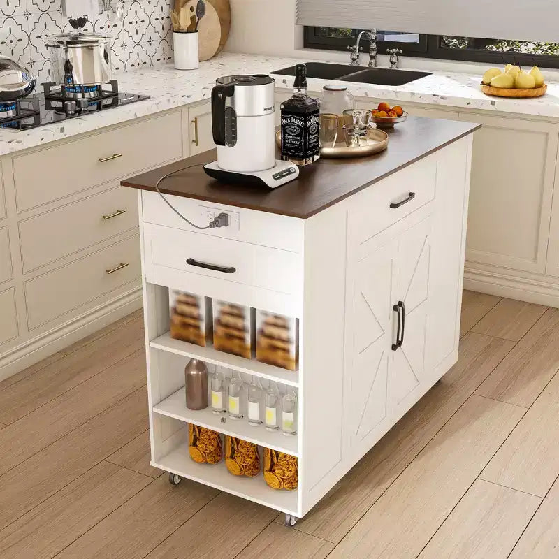 Isola da cucina bianca in legno massello da 117 cm con prese elettriche/porte USB, mobiletto per pattumiera, portabottiglie e cassetti