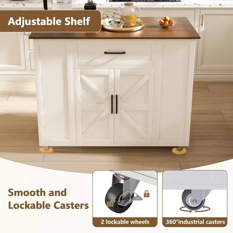 Isola da cucina bianca in legno massello da 117 cm con prese elettriche/porte USB, mobiletto per pattumiera, portabottiglie e cassetti