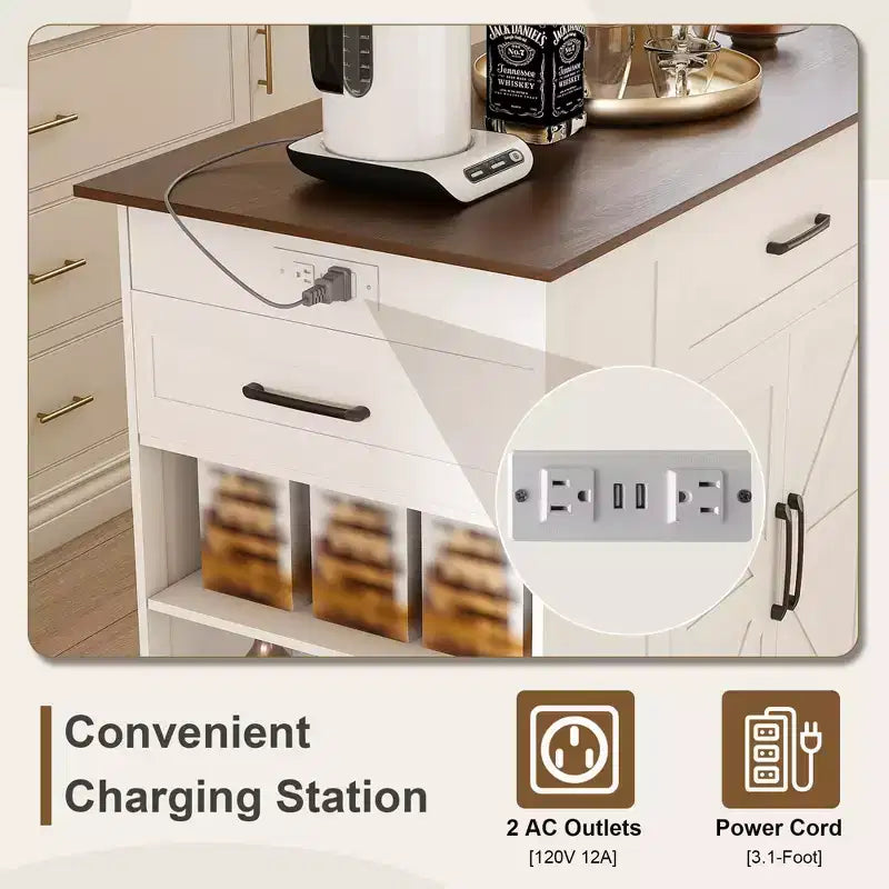Isola da cucina bianca in legno massello da 117 cm con prese elettriche/porte USB, mobiletto per pattumiera, portabottiglie e cassetti