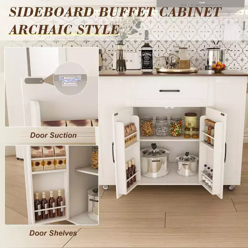 Isola da cucina bianca in legno massello da 117 cm con prese elettriche/porte USB, mobiletto per pattumiera, portabottiglie e cassetti