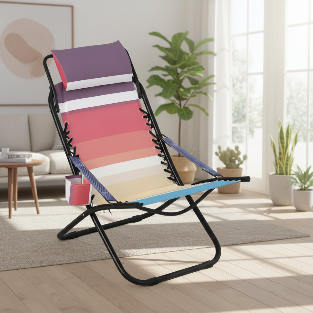 Beach Chair with Flip-Up Headrest, Textilene Fabric and Steel Tube Frame, Multi-Position Recliner, Assorted Colors