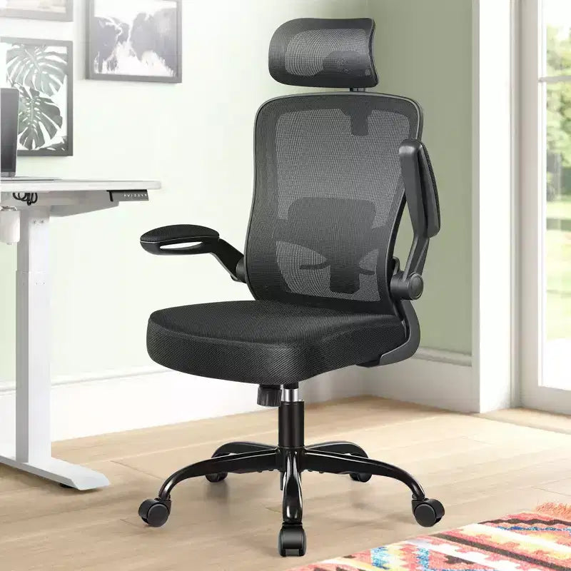 KERDOM Headrest Desk Chair with Adjustable Lumbar Support, Home Office Swivel Task Chair with High Back and Armrest, Black