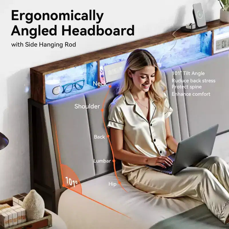 Letto a Piattaforma in Metallo con Testiera, Contenitore Sottoletto e Testiera Ergonomica di Supporto, Non Richiede Rete a Molle