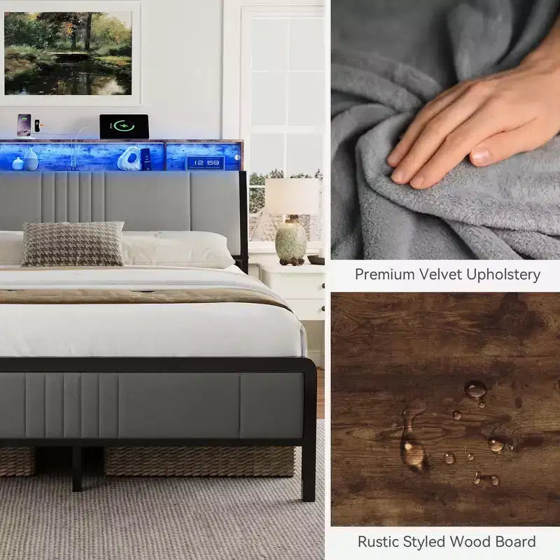 Letto a Piattaforma in Metallo con Testiera, Contenitore Sottoletto e Testiera Ergonomica di Supporto, Non Richiede Rete a Molle