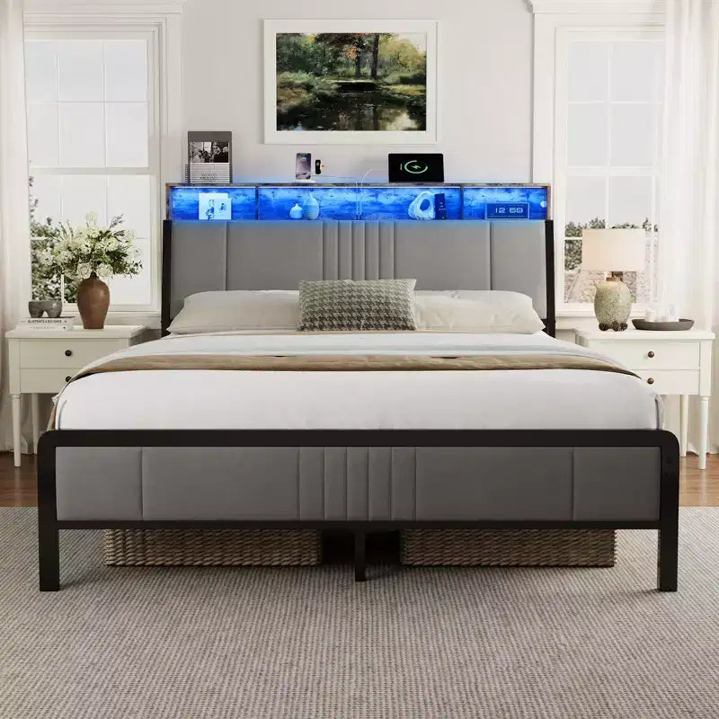 Letto a Piattaforma in Metallo con Testiera, Contenitore Sottoletto e Testiera Ergonomica di Supporto, Non Richiede Rete a Molle