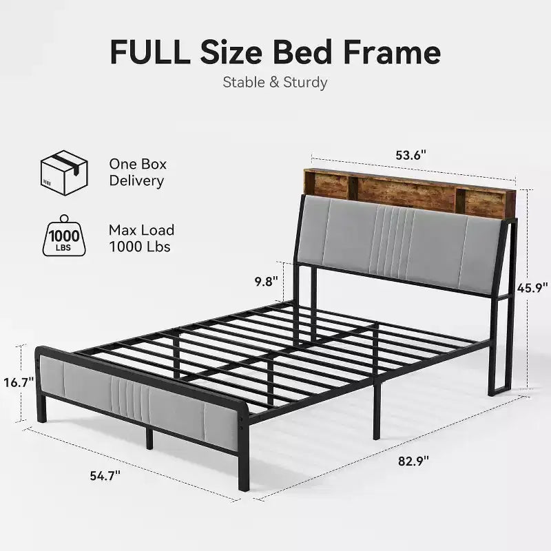 Letto a Piattaforma in Metallo con Testiera, Contenitore Sottoletto e Testiera Ergonomica di Supporto, Non Richiede Rete a Molle