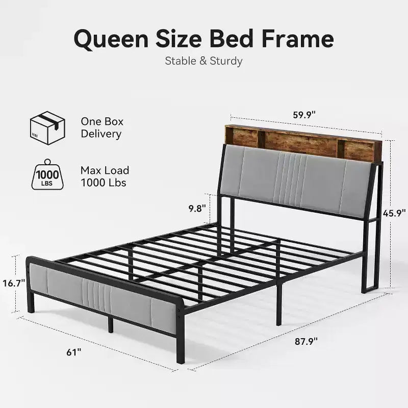 Letto a Piattaforma in Metallo con Testiera, Contenitore Sottoletto e Testiera Ergonomica di Supporto, Non Richiede Rete a Molle