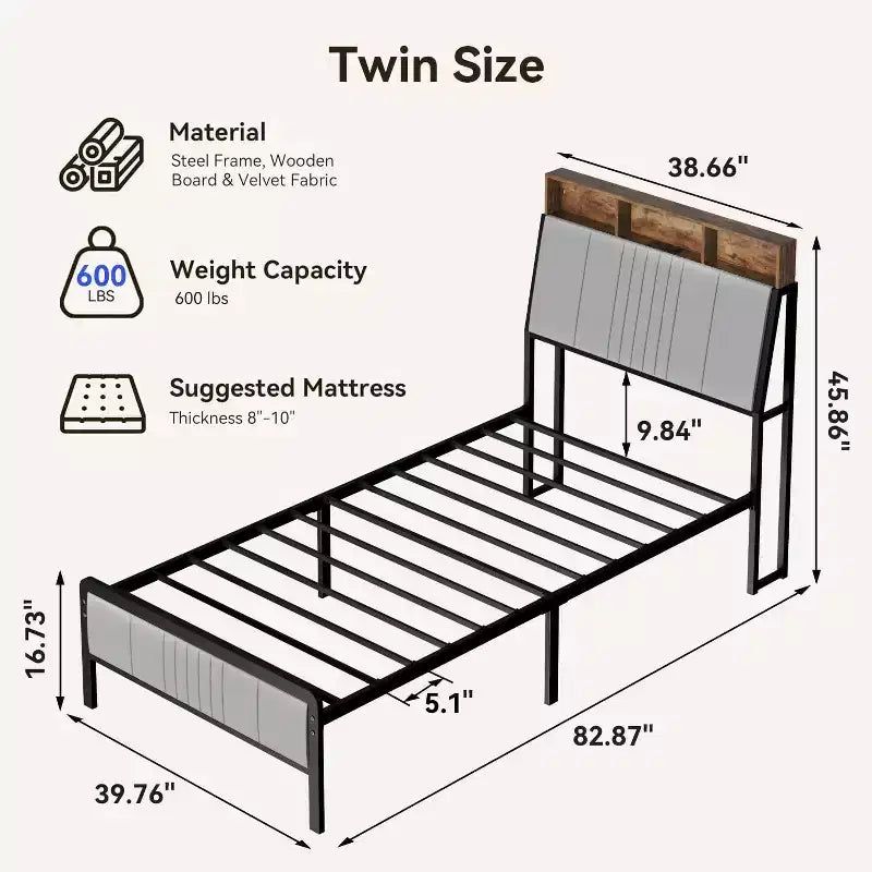 Letto a Piattaforma in Metallo con Testiera, Contenitore Sottoletto e Testiera Ergonomica di Supporto, Non Richiede Rete a Molle
