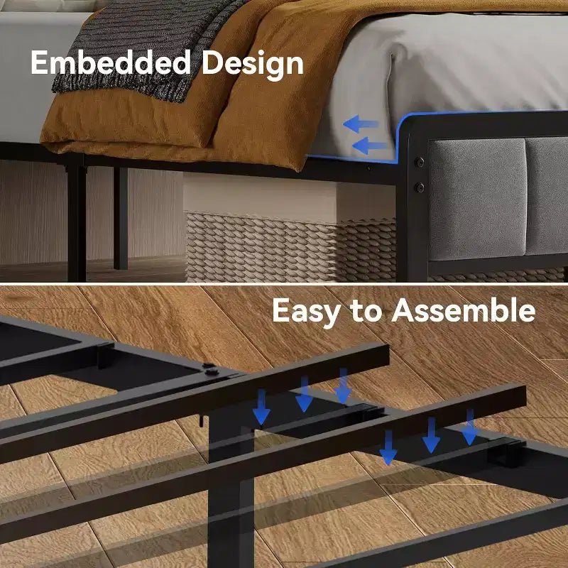 Letto a Piattaforma in Metallo con Testiera, Contenitore Sottoletto e Testiera Ergonomica di Supporto, Non Richiede Rete a Molle