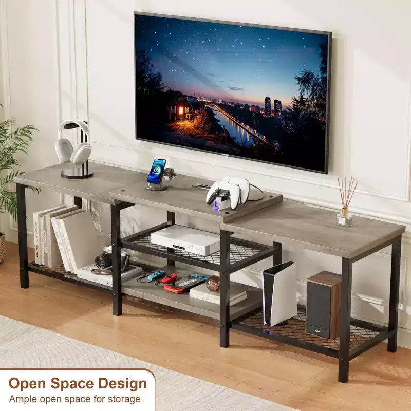 Mobile TV con Luci LED per TV fino a 75 Pollici, Centro di Intrattenimento da 67 Pollici con Prese di Corrente, Tavolo Consolle per Soggiorno