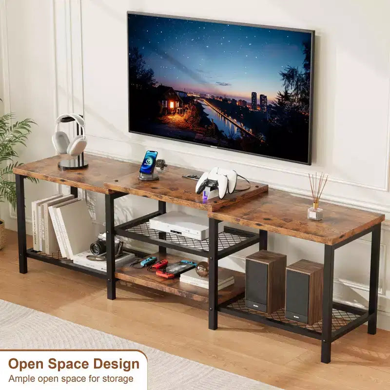 Mobile TV con Luci LED per TV fino a 75 Pollici, Centro di Intrattenimento da 67 Pollici con Prese di Corrente, Tavolo Consolle per Soggiorno