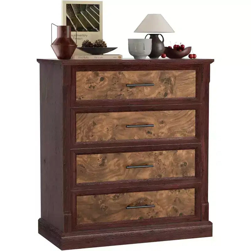 Farmhouse 4 Drawer Dresser for Bedroom, Tall Chest of Drawers with Metal Handles, Rustic Wooden Dresser TV Stand, for Living Room