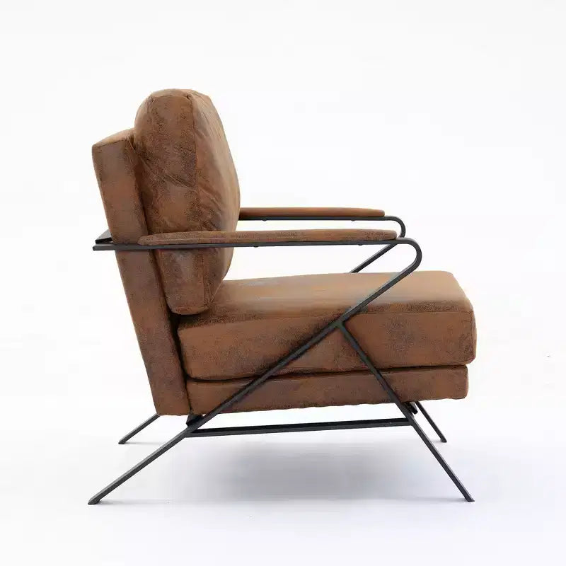 Poltrona di design Mid-Century con struttura in ferro, Poltrona da lettura imbottita con cuscino più spesso, Poltrona con braccioli per soggiorno, camera da letto, Marrone
