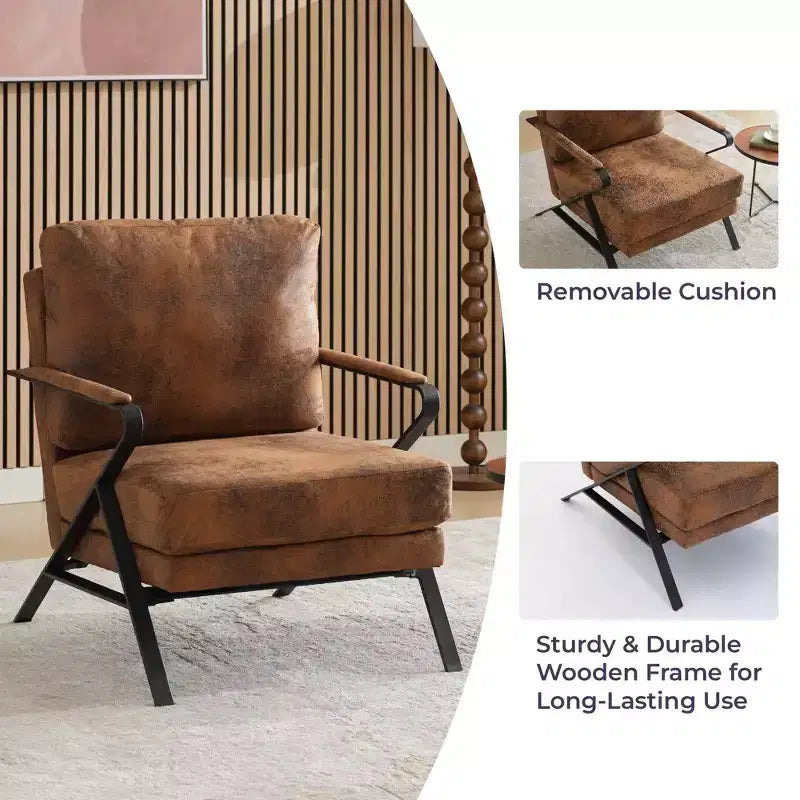 Poltrona di design Mid-Century con struttura in ferro, Poltrona da lettura imbottita con cuscino più spesso, Poltrona con braccioli per soggiorno, camera da letto, Marrone