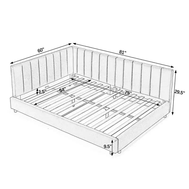 Telaio letto imbottito trapuntato a grandezza naturale con schienale e braccioli per camera da letto, beige