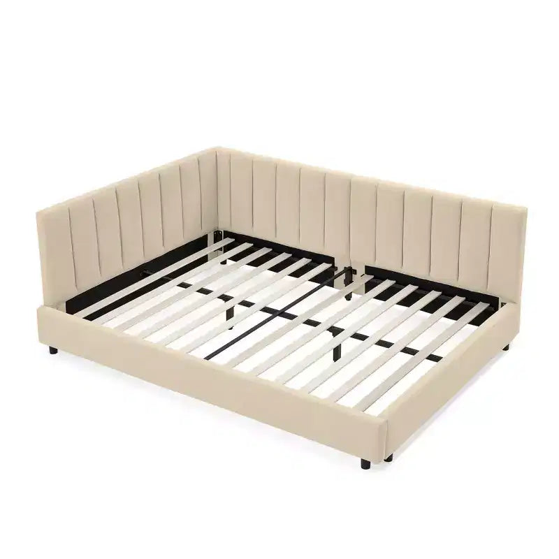 Telaio letto imbottito trapuntato a grandezza naturale con schienale e braccioli per camera da letto, beige